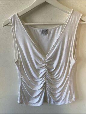 Armani Collezioni White Ruched V-Neck Tank